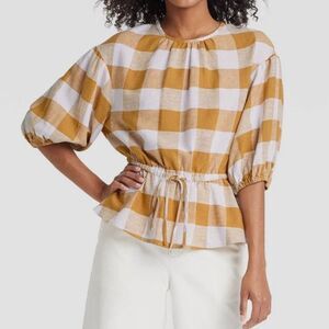 Who What Wear Gingham Linen Blend Elastic Waist Balloon Elbow Sleeve size Medium
